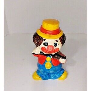 Vtg Ceramic Clown Musician Coin Bank Playing Violin Yellow Top Hat Hand Painted
